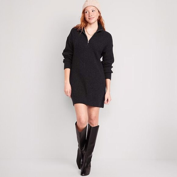 Old Navy Dress Sz L Dark Gray Knit 1/4 Zip Ribbed Long Sleeve Shift Recycled - Picture 1 of 8